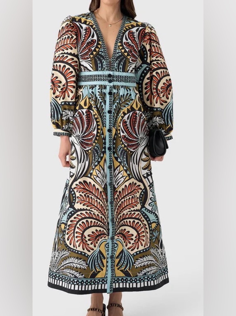 FARM Rio Warm Blue /Tan Multi Long Volume Sleeve Maxi Dress: Small - Picture 7 of 16
